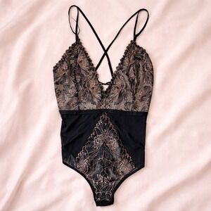 Sheer Black Lace & Blush Embroidered Bodysuit NWT Plunging V Crisscross Back- LG